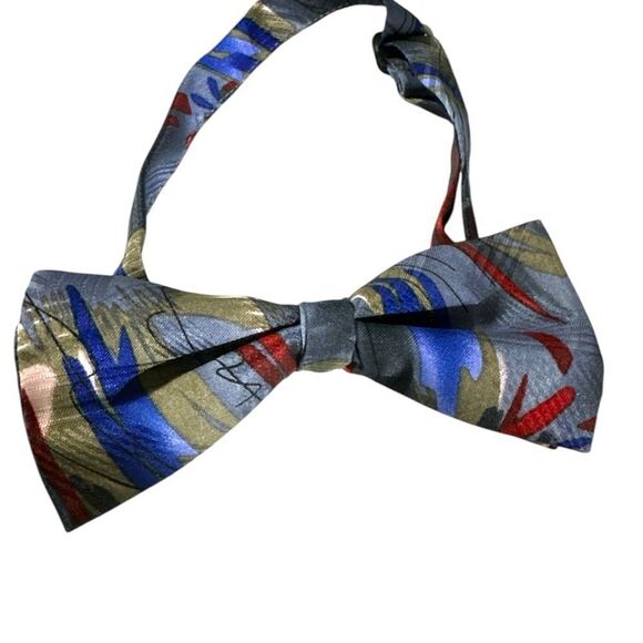 Abstract  grey blue red silk bow tie nib - Picture 2 of 2
